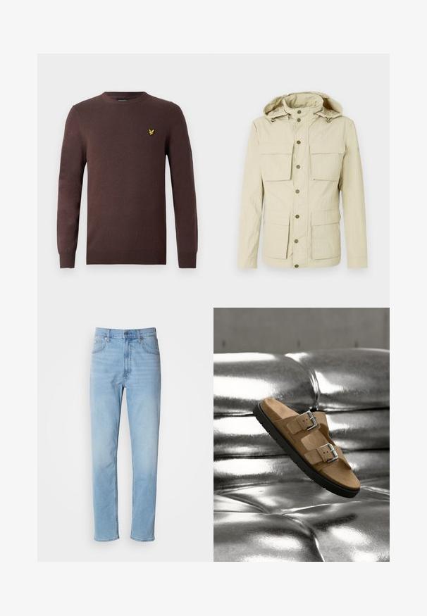 Veste beige clair avec capuche, comportant deux poches poitrine et deux poches inférieures. Fermeture à boutons-pression avec une finition en tissu texturé.; Pull marron en tissu tricoté doux, avec un col rond et des manches longues. Accent brodé d'un oiseau jaune sur la poitrine.; Jean en denim bleu clair avec une coupe droite, cinq poches et passants de ceinture. Le tissu présente une texture lisse avec un léger effet dégradé.; Sandale en daim marron avec deux boucles argentées flottant au-dessus d'une surface capitonnée argentée brillante, montrant les détails de la semelle noire et de la semelle intérieure.