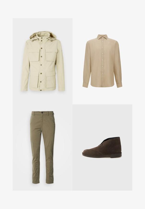 Veste beige clair avec capuche, comportant deux poches poitrine et deux poches inférieures. Fermeture à boutons-pression avec une finition en tissu texturé.; Chemise beige à manches longues en tissu léger. Dotée d'un devant à boutons, d'un col pointu et de manches à poignets. Texture lisse.; Chinos vert olive en coton avec une texture lisse. Comprend une fermeture à bouton, des poches latérales et une coupe ajustée.; Botte cheville en daim marron avec deux œillets, talon bas et semelle cousue sur un fond gris clair uni.