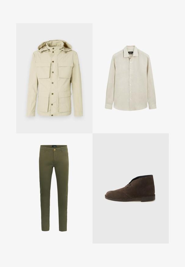Lichtbeige jas met een capuchon, voorzien van twee borstzakken en twee onderste zakken. Drukknoopsluiting met een gestructureerde stofafwerking.; Beige overhemd met lange mouwen, knopen, puntige kraag en manchetten, plat weergegeven tegen een witte achtergrond.; Olijfgroene broek van zachte katoenmix, met een sluiting met knoop aan de voorkant, riemlussen en een slim fit ontwerp.; Bruine suède enkellaars met twee veteroogjes, lage hak en gestikte zool op een effen lichtgrijze achtergrond.