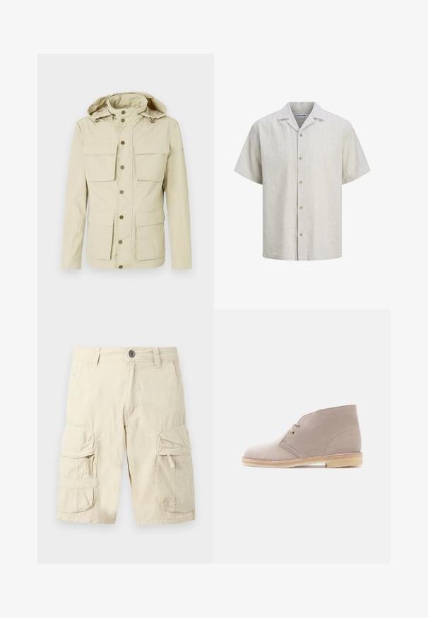 Veste beige clair avec capuche, comportant deux poches poitrine et deux poches inférieures. Fermeture à boutons-pression avec une finition en tissu texturé.; Chemise pour hommes à manches courtes beige et blanche à fines rayures, avec col camp et cinq boutons sur le devant.; Short cargo beige avec bouton devant, fermeture éclair, passants de ceinture et deux grandes poches à rabat avec fermetures éclair sur chaque cuisse.; Bottine en cuir suédé beige à deux œillets avec lacets, semelle en crêpe et petit talon empilé, vue de profil sur un fond uni.