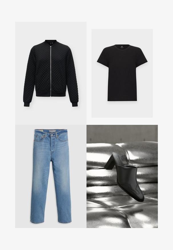 Chaqueta bomber acolchada negra con cremallera frontal completa, cuello, puños y dobladillo acanalados, mostrada sobre un fondo claro.; Camiseta negra de algodón de manga corta con cuello redondo, vista frontal, diseño liso, etiqueta de la marca GAP en el interior del cuello.; Jeans de mezclilla azul claro de pierna recta con bolsillos frontales, lazos para cinturón y cierre de botón sobre un fondo liso.; Mula de cuero negro con tacón ancho descansando sobre una superficie plateada brillante acolchada, destacando su diseño elegante y detalles curvados.