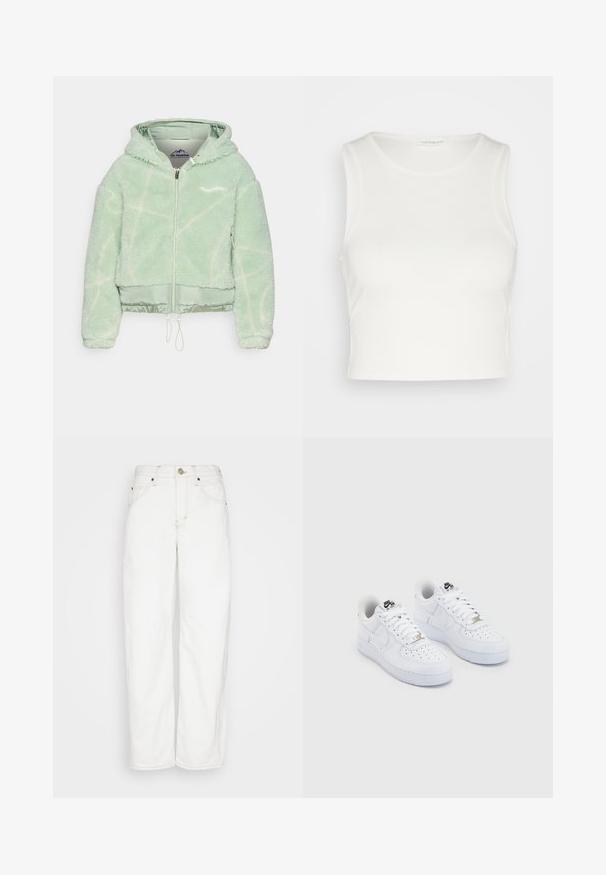 On Vacation NEW VISIONS BERLIN - Chaqueta de entretiempo - sage; Even&Odd by Zalando Top - off-white; BDG Urban Outfitters LOGAN CINCH - Vaqueros rectos - white; Zapatillas Nike Air Force 1 blancas con una parte superior de cuero suave, puntera perforada, cordones blancos y un logotipo negro en la lengüeta.