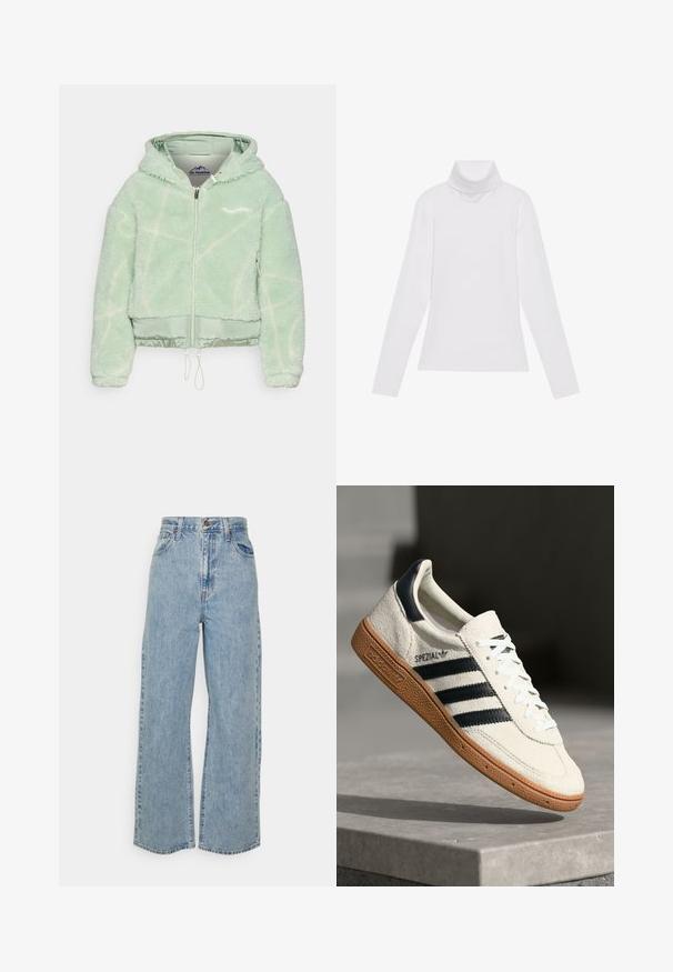 On Vacation NEW VISIONS BERLIN - Übergangsjacke - sage; Weißes Langarm-Turtleneck-Oberteil aus glattem, elastischem Stoff. Mit hohem Kragen und tailliertem Schnitt, ohne sichtbare Muster oder Verzierungen.; Hellblaue, weit geschnittene Jeans mit hoher Taille, vorderem Knopf, Reißverschluss und Fünf-Taschen-Design auf neutralem Hintergrund.; Weiße Wildleder-Sneaker mit marineblauen Streifen, Gummisohle, strukturiertem Obermaterial, runder Zehenform und Schnürung; mit Branding an der Seite und auf der Zunge.