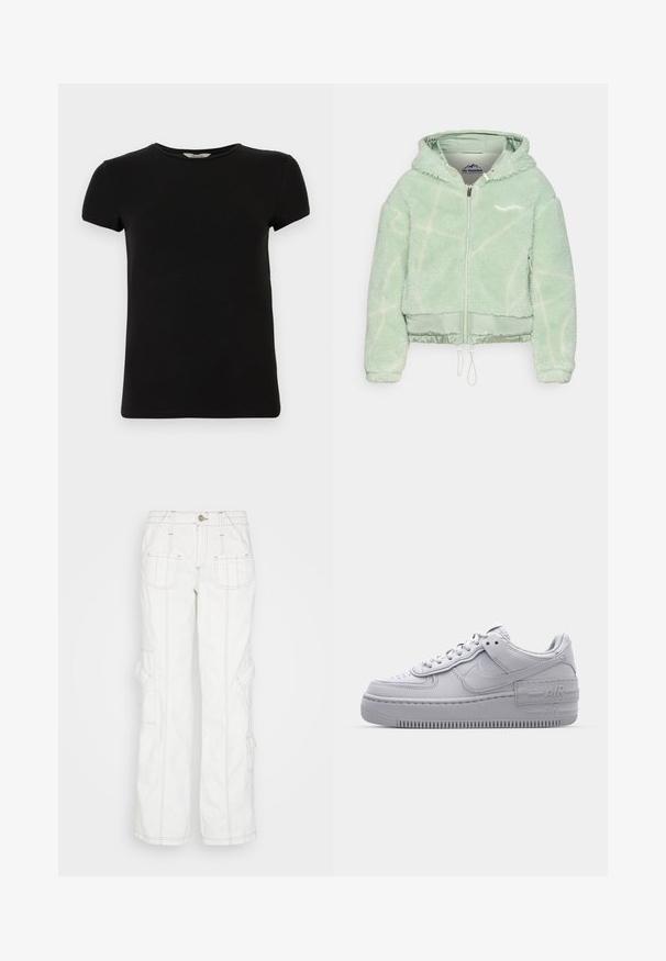 On Vacation NEW VISIONS BERLIN - Chaqueta de entretiempo - sage; Camiseta negra de manga corta con cuello redondo, hecha de suave tela de algodón, que presenta un diseño simple y sin patrones ni acentos visibles.; BDG Urban Outfitters Vaqueros boyfriend - white; Zapatilla Nike Air Force 1 gris con puntera perforada, parte superior de cuero suave, suela gruesa y detalle en relieve 'AIR' en el talón.