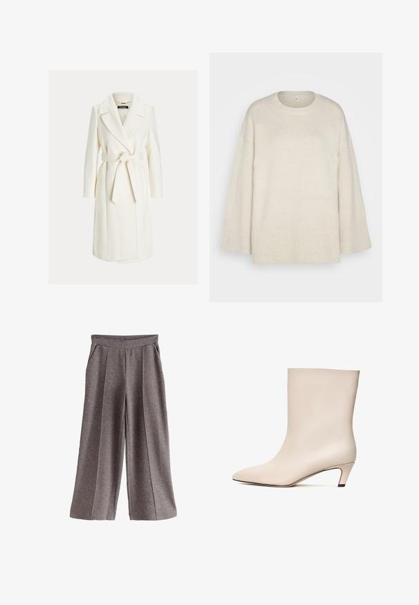 Witte knie-lange wikkeljas met brede revers en een gestrikte ceintuur in de taille, met lange mouwen en zijzakken.; Lichtbeige sweater van zachte gebreide stof, met een ronde halslijn, verlaagde schouders en ribbelaccenten aan de zoom en mouwen.; Grijze broek met wijd uitlopende pijpen van een zachte stof, voorzien van een platte tailleband, voorplooien en zijzakken. Eenvoudig en veelzijdig ontwerp.; Beige leren enkelboot met een pointed toe en een conische hak. Gladde textuur met minimale stiknaden en een slanke silhouet.