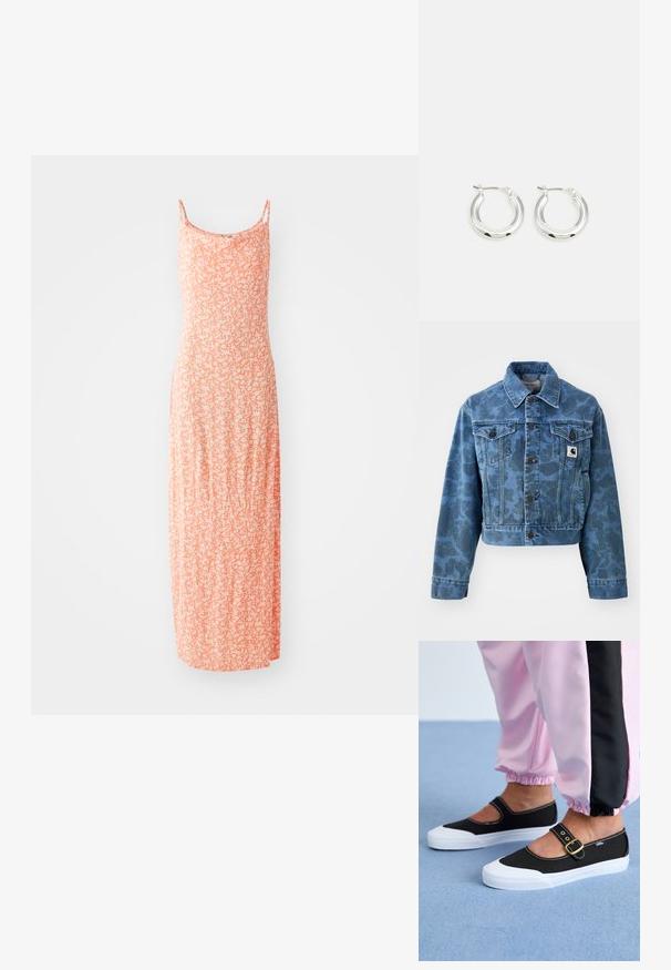 Veste en denim courte bleu avec un motif camouflage subtil, dotée d'un col pointu, de poches avant et de boutons foncés. Étiquette logo Carhartt.; Robe maxi en doux mélange de coton, de couleur orange clair avec un motif floral blanc, à fines bretelles et à la silhouette ajustée.; Baskets noires en toile avec une semelle blanche, présentant un design découpé et une sangle en boucle dorée. Portées avec un pantalon de survêtement rose.; Boucles d'oreilles en argent avec une finition polie, présentant une forme circulaire et une fermeture à charnière. Texture lisse avec un minimum de détails.