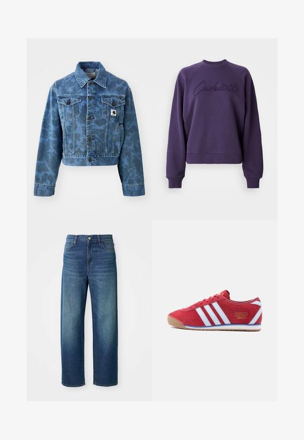 Zkrátená modrá džínová bunda s jemným maskovacím vzorom, s špicatým golierom, prednými vreckami a tmavými gombíkmi. Nálepka s logom Carhartt.; Fialová mikina s okrúhlym výstrihom a raglánovými rukávmi. Obsahuje vyšívané logo "Carhartt" v zodpovedajúcej farbe. Mäkká textúra látky.; Modré džíny z denimu, široký strih nohavíc, stredne vysoký pás, jemné vyblednutie, pätich vreciek, s gombíkom a zipsom na zapínanie, rovný lem.; Červená semišová teniska s bielymi koženými pruhmi, béžovou gumovou podrážkou a tenkými šnúrkami. Bočná strana nesie zlaté logo „adidas Italia“.