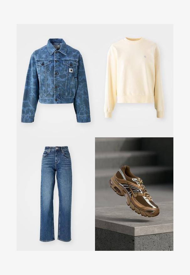 Beskåret denimjakke i blå med et subtilt camouflage-mønster, der har en spids krave, frontlommer og mørke knapper. Carhartt-logo-patch.; Lys gul sweatshirt med lange ærmer, rund halsudskæring, ribbede manchetter og et lille logo på brystet. Fremstillet af blødt, struktureret stof.; Højtaljede, brede jeans lavet af blåt denim. Har fem lommer, en knaplukning og let stræk på stoffet.; Brun og tan Nike sneaker med mesh og reflekterende detaljer, der svæver over en betonbeklædning mod en sløret grå baggrund.