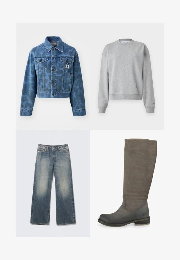 Beskåret denimjakke i blå med et subtilt camouflage-mønster, der har en spids krave, frontlommer og mørke knapper. Carhartt-logo-patch.; Grå sweatshirt med rund halsudskæring, lange ærmer og et let cropped design. Fremstillet af blødt stof med ribbede manchetter og kant.; Lyseblå, brede jeans i denim. Udblegede områder på lår og knæ. Standardtalje med fem lommer og metaldetaljer.; Knæhøj grå ruskindsstøvle med en rund tå, forstærket ankel og en lav stablet hæl. Har kontrasterende glatte læderdetaljer.