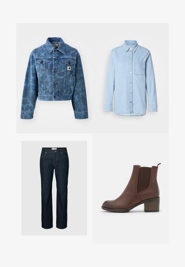 Zkrátená modrá džínová bunda s jemným maskovacím vzorom, s špicatým golierom, prednými vreckami a tmavými gombíkmi. Nálepka s logom Carhartt.; Svetlomodrá džínsová košeľa s gombíkovým zapínaním vpredu, s ostrým golierom, jednou náprsním vreckom a dlhými rukávmi s gombíkovým manžetami.; Tmavomodré rifle s rovnými nohavicami, piatimi vreckami, zapínaním na gombíky a kontrastným prešívaním, zobrazené na jednofarebnom pozadí.; Hnedé kožené členkové topánky s hladkým povrchom, elastickými bočnými panelmi, zaoblenou špičkou a mierne vysokým dreveným opätkom.