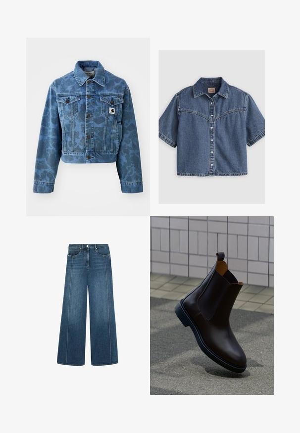 Kurze Jeansjacke in Blau mit subtilen Camouflage-Muster, ausgestattet mit einem spitzen Kragen, Fronttaschen und dunklen Knöpfen. Carhartt-Logo-Patch.; Kurzärmeliges blaues Jeanshemd mit Knopfleiste, spitzem Kragen und Western-Stil Passe-Nähten.; Weite Jeans in dunkelblauem Denim mit kontrastierendem weißen Stich, Fünf-Taschen-Design und Knopfverschluss an der Taille.; Dunkelbrauner Chelsea-Lederschuh mit Zuglasche und elastischen Seiteneinsätzen, auf grauem Pflaster mit gefliestem Wandhintergrund platziert.