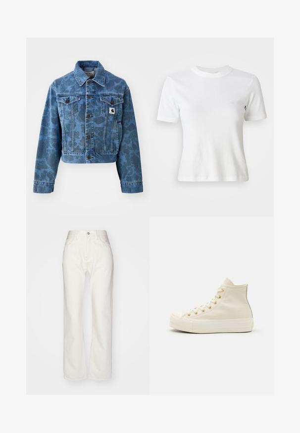 Chaqueta de mezclilla recortada en azul con un sutil patrón de camuflaje, con un cuello puntiagudo, bolsillos frontales y botones oscuros. Parche del logo de Carhartt.; Camiseta blanca de manga corta con canalé, escote redondo y un pequeño logo en el pecho. Fabricada con una tela suave y con un diseño ajustado.; Pantalones de mezclilla blanca con una alta cintura y un ajuste de pierna ancha. Presenta un cierre de botón y cremallera, presillas para cinturón y detalles de costura sutil.; Zapatillas altas de cuero crema con ojales dorados y un acabado texturizado. Presentan una suela de goma y una puntera redondeada.