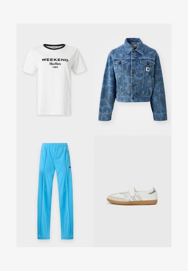 Veste en denim courte bleu avec un motif camouflage subtil, dotée d'un col pointu, de poches avant et de boutons foncés. Étiquette logo Carhartt.; T-shirt blanc à manches courtes avec col bordé noir et texte noir "WEEKEND MaxMara 1983" sur le devant.; Pantalon de survêtement bleu clair avec taille élastique, poches latérales zippées, et petit logo noir sur la cuisse gauche.; Baskets blanches avec rayures argentées, embout en daim et bande velcro. Semelle en caoutchouc gomme texturée. Design minimaliste avec une finition lisse.