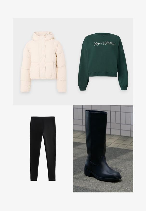Beige Daunenjacke mit Kapuze, ausgestattet mit einem gesteppten Design, Druckknöpfen und seitlichen Taschen. Weiche, gepolsterte Textur für Wärme.; Dunkelgrüner, taillierter Sweatshirt mit langen Ärmeln und "Gap Athletic" in weißer Schreibschrift auf der Brust gestickt.; Schwarze Leggings aus dehnbarem Material, mit einer körperbetonten Passform ohne sichtbare Nähte oder Taschen, geeignet für verschiedene Aktivitäten.; Hoher schwarzer Lederstiefel mit niedrigem klobigem Absatz, stehend auf Pflaster neben gefliestem Wandhintergrund.