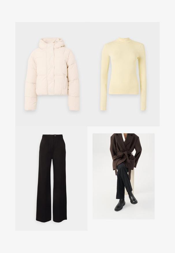 Beige pufferjakke med hætte, prydet med en quiltet design, trykknapper og sidelommer. Blød, polstret tekstur for varme.; Langærmet turtleneck top i blødt gul stof, slim fit med høj hals og glat tekstur, ingen synlige mønstre eller hardware.; Sorte vide ben bukser lavet af et glat stof, med en frontknaplukning og to frontfolder for ekstra detaljer.; Brun uldblandingsfrakke med bælte, båret over en hvid skjorte og sorte bukser, parret med sorte chelsea støvler, sat mod en hvid baggrund.