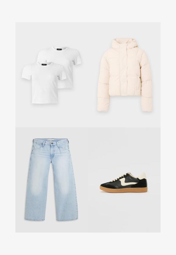 Beige pufferjakke med hætte, prydet med en quiltet design, trykknapper og sidelommer. Blød, polstret tekstur for varme.; To enkle hvide T-shirts med korte ærmer og rund hals med JJXX mærke-etiketter vist på en lys grå baggrund.; Lyseblå vid nederdel jeans lavet af denim. Har lige snit, fem lommers design og knaplukning i taljen.; Sorte ruskinds- og lædersneakers med en cremefarvet side-swoosh og lys cremefarvet hæl. Har beige snørebånd og en gummirubber-sål.