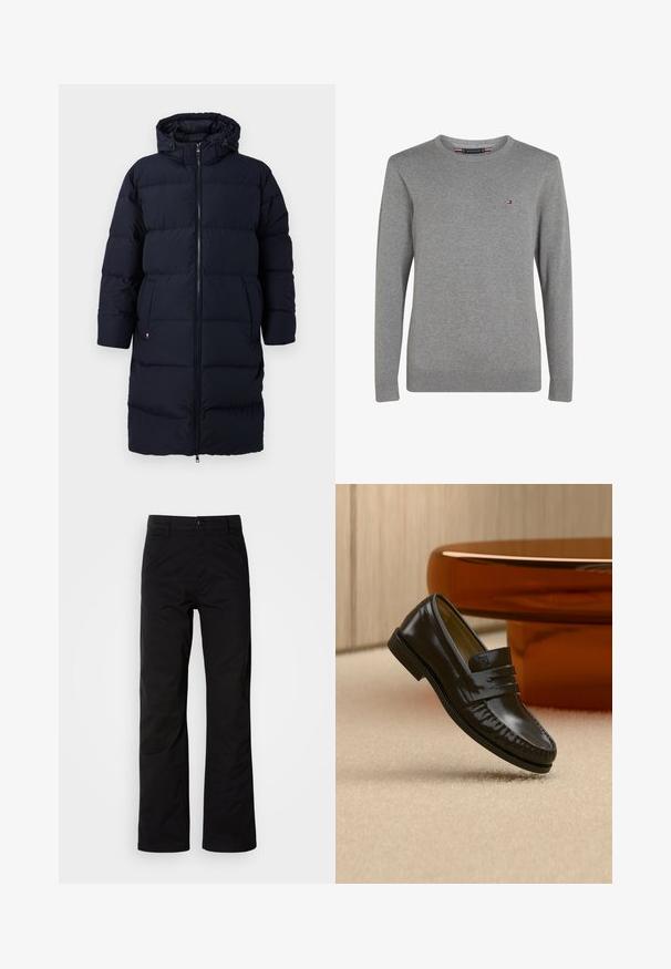 Long manteau d'hiver noir rembourré avec capuche, fermeture éclair à l'avant et poches latérales, conçu pour les temps froids.; Pull gris à col rond en tissu doux, doté de manches longues, de poignets et d'un ourlet côtelés, avec un petit logo brodé sur la poitrine.; Pantalons en coton noir avec une coupe droite, dotés d'une fermeture à bouton et de passants de ceinture. Texture lisse et style minimaliste sans motifs visibles.; Mocassin en cuir noir brillant avec un détail de bride, posé sur un tapis beige près d'une table basse ronde en bois brun dans une pièce doucement éclairée.