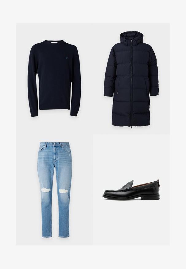 Lang zwart gewatteerd winterjack met capuchon, voorkeursrits en zijzakken, ontworpen voor koude weersomstandigheden.; Marineblauw gebreid sweater met lange mouwen, ronde halslijn en een klein logo op de borst. Glad textuur en aansluitend ontwerp.; Lichtblauwe denim jeans met een rechte pijp, versleten knielopen en een vijf-pocket ontwerp met een sluiting aan de voorkant met een knoop.; Zwarte leren herensloffen met moc toe stiksel, pennyriem, gestructureerde kraag en lage gestapelde hak op witte achtergrond.