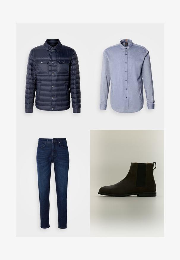Marineblaues Steppjacke mit Knopfleiste, zwei Brusttaschen und Kragen. Aus leichtem, glänzendem Material mit gestepptem Muster gefertigt.; Hemd mit knöpfbarem Kragen aus hellblauem Stoff, mit Stehkragen, langen Ärmeln und dunkelblauen Knöpfen. Weiche Textur mit dezentem Muster.; Dunkelblaue Jeans aus Denim mit geradem Bein, ausgestattet mit Taschen und einem Knopfverschluss an der Taille. Weiche Textur, minimale Ausbleichungen.; Dunkelbrauner Veloursleder-Chelsea-Stiefel mit schwarzem elastischem Seitenteil und Zuglasche auf einer flachen schwarzen Sohle vor neutralem Hintergrund.