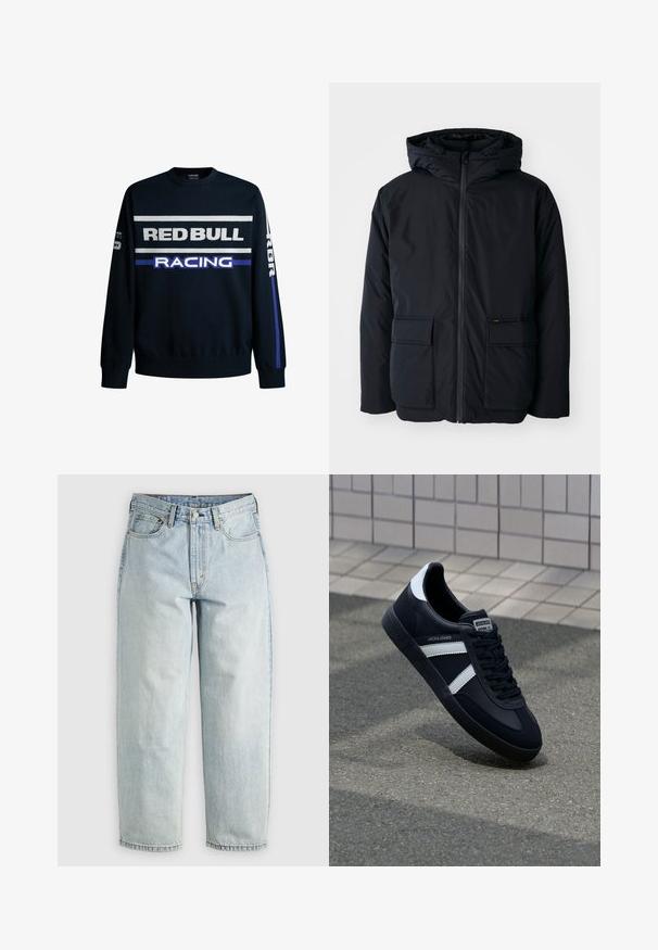 Schwarze isolierte Jacke mit Kapuze, ausgestattet mit einem Frontreißverschluss, zwei großen Taschen und einer weichen Textur. Lässiges Design, widerstandsfähiges Material.; Marineblaues Sweatshirt mit dem Text "RED BULL" und "RACING" in Weiß und Lila. Verfügt über einfarbige Ärmel und gerippte Bündchen, hergestellt aus weichem Strickmaterial.; Hellblaue Jeans aus Denim mit geradem Bein, fünf Taschen und einem Knopfverschluss; mit verblassten Bereichen und dezenten Nähdetails.; Schwarze Leder-Sneaker mit weißen Streifen, strukturiertem Gummisohle und Schnürung. Verfügt über ein Markenetikett auf der Zunge.