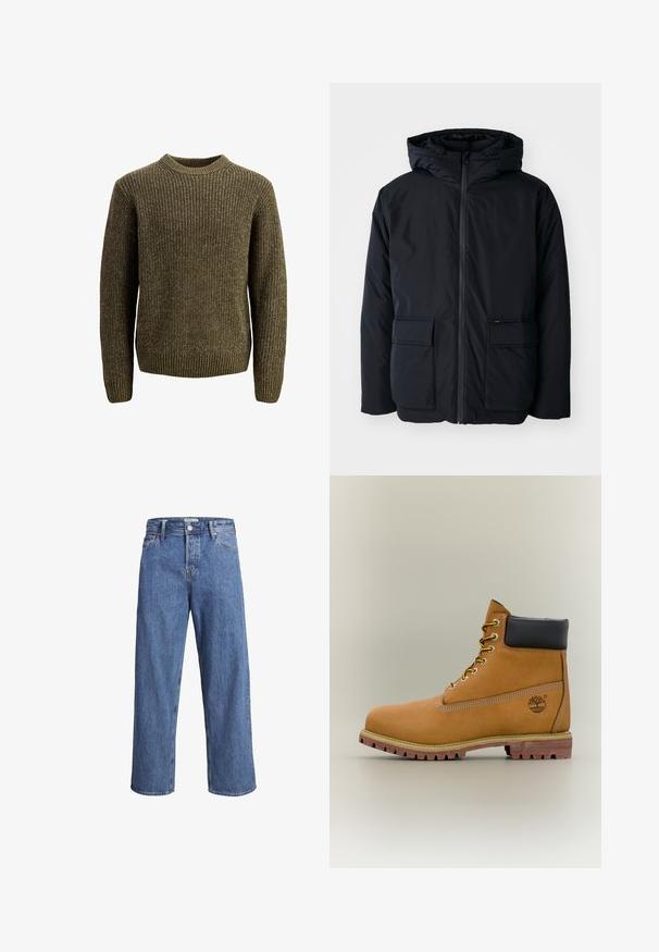 Veste isolée noire avec capuche, dotée d'une fermeture à glissière sur le devant, de deux grandes poches et d'une texture douce. Design décontracté, matériau résistant.; Pull en maille de couleur vert olive. Texture côtelée, col rond et manches longues. Design simple avec une coupe régulière.; Jean en denim bleu clair avec une coupe droite, taille haute et des détails de couture minimes. Le tissu a une texture douce et légèrement délavée.; Bottine en cuir marron avec col noir, lacets jaunes et semelle beige. Présente un logo et des détails de couture blanche. Semelle extérieure à traction robuste.
