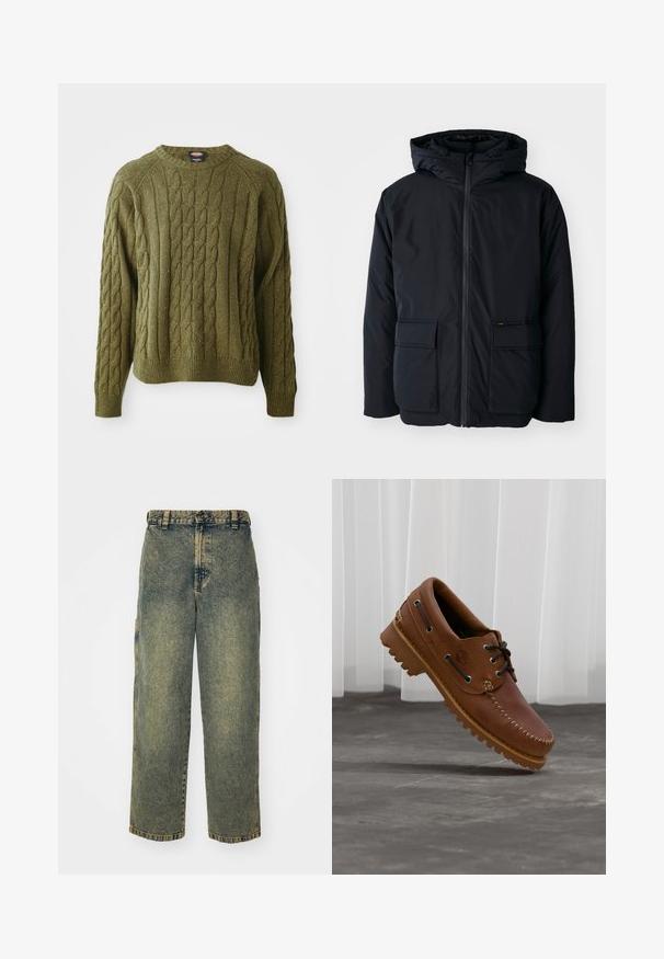 Chaqueta aislante negra con capucha, presenta una cremallera frontal, dos grandes bolsillos y una textura suave. Diseño casual, material resistente.; Suéter verde de punto trenzado con cuello redondo, patrón texturizado, puños y dobladillo acanalados, con motas de color a lo largo de la tela.; Jeans de denim holgados en un lavado azul y verde descolorido. Presenta un cierre de botón, pasadores para el cinturón y bolsillos laterales. Diseño de frente plano y pierna recta.; Zapato náutico de cuero marrón con cordones negros, costuras beige y una suela resistente, suspendido sobre un suelo de hormigón gris.
