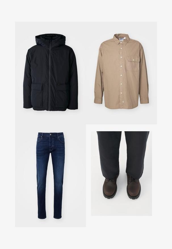 Schwarze isolierte Jacke mit Kapuze, ausgestattet mit einem Frontreißverschluss, zwei großen Taschen und einer weichen Textur. Lässiges Design, widerstandsfähiges Material.; Ärmelloses Oberteil, lange Ärmel, hellbrauner Baumwollstoff, Knopfleiste, einzelne Brusttasche mit Klappe, klassischer Kragen, gerader Saum.; Dunkelblaue Slim-Fit Denim-Jeans mit Knopf vorne, Taschen, Gürtelschlaufen und dezenten Ausbleichungen an den Beinen.; Braune Leder-Schnürschuhe mit runder Zehenform, schwarzer Gummisohle und strukturierten Details, kombiniert mit locker sitzenden dunklen Hosen.