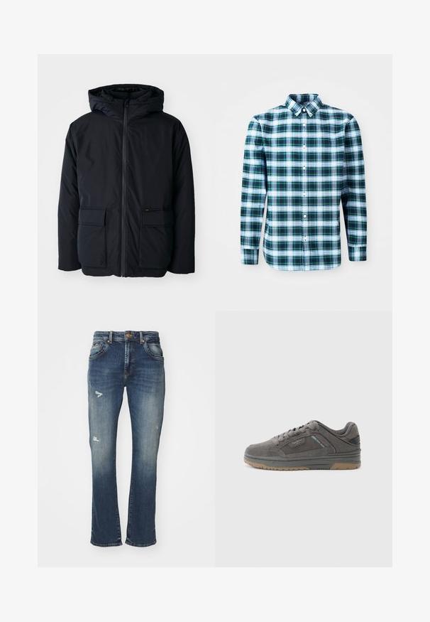 Zwarte geïsoleerde jas met capuchon, voorzien van een rits aan de voorkant, twee grote zakken en een zachte textuur. Casual ontwerp, slijtvast materiaal.; Groene en witte geblokte overhemd met lange mouwen, een button-down kraag en knopen aan de voorkant. Gemaakt van lichtgewicht stof, met een gestructureerd ontwerp.; Bootcut jeans van donkerblauwe denim, met een vervaagde afwerking, slijtage aan de voorkant, een vijf-pocket ontwerp en een tailleband met knoopsluiting.; Grijze sneaker van suède met een gestructureerd bovenwerk, rubberen zool en subtiele merkdetails. Laag profiel ontwerp met vetersluiting.
