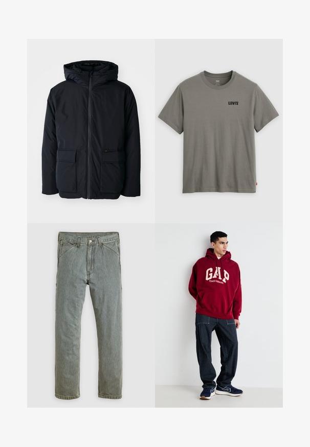 Schwarze isolierte Jacke mit Kapuze, ausgestattet mit einem Frontreißverschluss, zwei großen Taschen und einer weichen Textur. Lässiges Design, widerstandsfähiges Material.; Grünes Levi’s T-Shirt mit kurzem Ärmel und Rundhalsausschnitt, schwarzem Logo auf der linken Brust und kleinem roten Etikett an der linken Seitennaht.; Schwarz-weiße gestreifte gerade Hosen mit Fronttaschen und Gürtelschlaufen, flach auf einem hellen Hintergrund präsentiert.; Bordeauxfarbener Kapuzenpullover mit "GAP" und "TIMES SQUARE" in Creme aufgedruckt, kombiniert mit navyblauen gestreiften Hosen und navyblauen Sneakern mit weißen Akzenten.