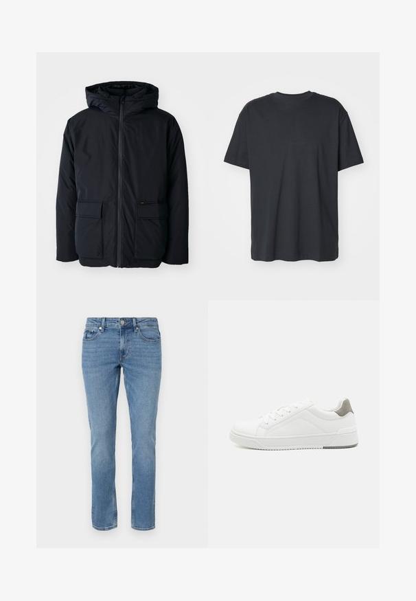 Zwarte geïsoleerde jas met capuchon, voorzien van een rits aan de voorkant, twee grote zakken en een zachte textuur. Casual ontwerp, slijtvast materiaal.; Zwarte katoen t-shirt met korte mouwen, ronde halslijn, relaxte pasvorm en een zachte textuur. Geen zichtbare patronen of extra details.; Blauwe rechte spijkerbroek met voorzakken, riemlussen en een knopen sluiting.; Witte sneaker van glad leer met een ronde neus, minimalistisch ontwerp, grijze hielaccent en een geplaatste rubberen zool.