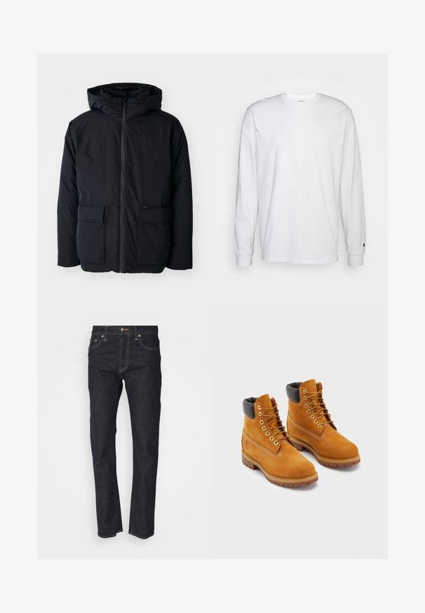 Schwarze isolierte Jacke mit Kapuze, ausgestattet mit einem Frontreißverschluss, zwei großen Taschen und einer weichen Textur. Lässiges Design, widerstandsfähiges Material.; Weißes Langarm-T-Shirt aus Baumwolle. Rundhals-Design mit gerippten Bündchen und kleinem Logo auf dem linken Ärmel. Glatte Textur.; Dunkelblaue Jeans aus Denim mit geradem Schnitt, ausgestattet mit einem Knopfverschluss, fünf Taschen und goldenen Nähtelementen. Glatte Textur.; Lederarbeitsstiefel in Tan mit schwarzem gepolstertem Kragen, goldenen Ösen und braunen Gummisohlen. Mit kontrastierenden Nähten und einem Logo an der Seite.