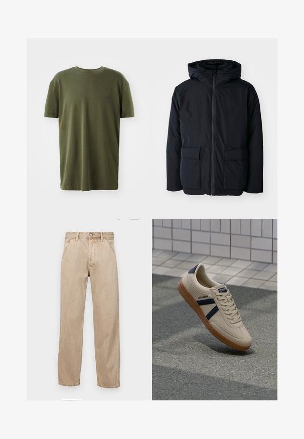 Schwarze isolierte Jacke mit Kapuze, ausgestattet mit einem Frontreißverschluss, zwei großen Taschen und einer weichen Textur. Lässiges Design, widerstandsfähiges Material.; Olivegrünes T-Shirt aus Baumwolle mit kurzen Ärmeln, Rundhalsausschnitt und einem kleinen, dunkelblauen Logo auf der linken Brust.; Beige Denim-Jeans mit geradem Beinschnitt, ausgestattet mit Vordertaschen, einem Metallknopfverschluss und feiner Textur.; Beige Sneaker mit strukturierter Oberfläche, dunkelblauen Streifen und Gummisohle. Verfügt über eine gepolsterte Zunge und ein traditionelles Schnürsystem für einen sicheren Sitz.
