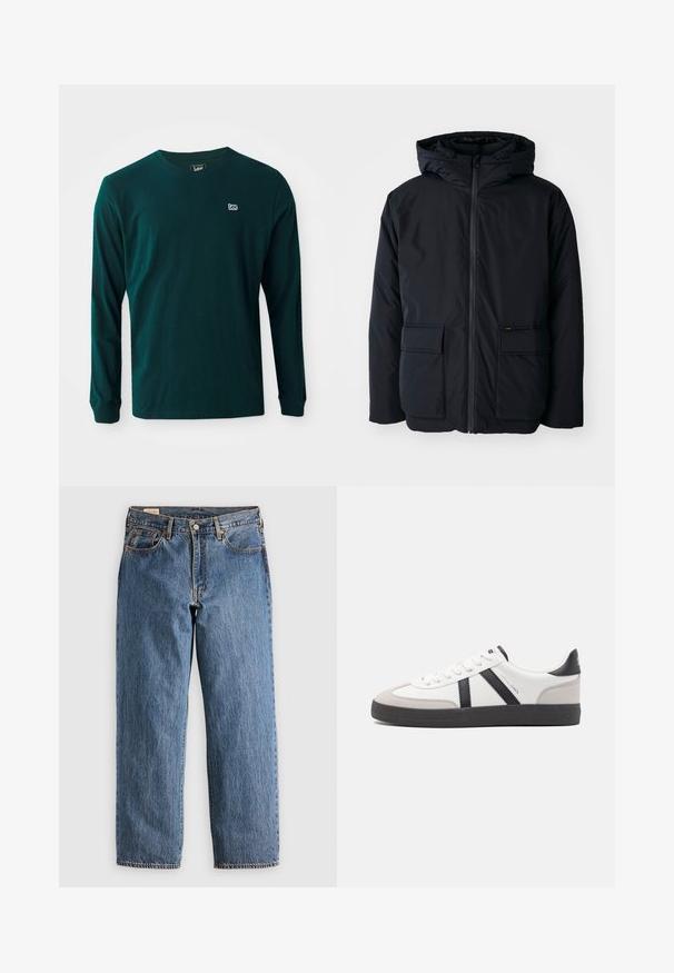 Veste isolée noire avec capuche, dotée d'une fermeture à glissière sur le devant, de deux grandes poches et d'une texture douce. Design décontracté, matériau résistant.; T-shirt à manches longues en coton vert foncé avec un col rond et un petit logo blanc sur la poitrine gauche. Texture lisse, coupe décontractée.; Jeans en denim bleu avec une coupe droite, présentant une taille haute, des rivets en cuivre et des coutures orange. Poches avant et arrière incluses.; Baskets blanches avec des accents noirs et gris, présentant un embout texturé gris, une semelle en caoutchouc noir et des lacets plats blancs. Design épuré, style minimaliste.