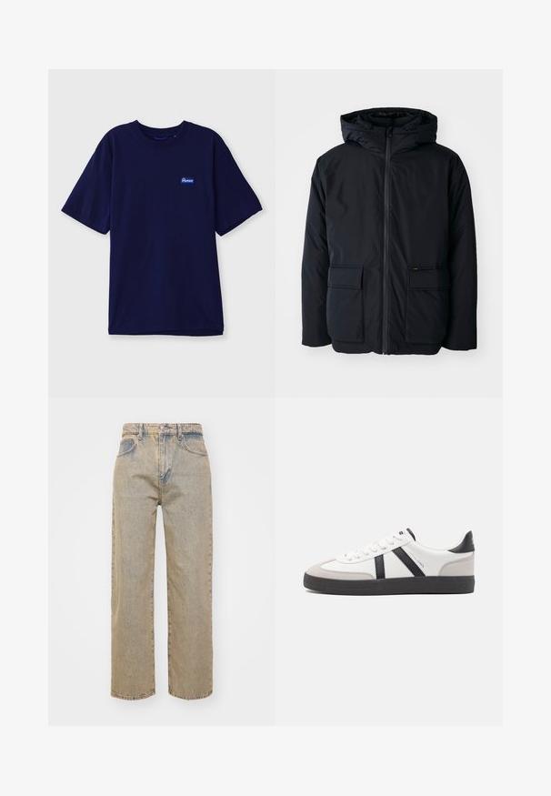 Schwarze isolierte Jacke mit Kapuze, ausgestattet mit einem Frontreißverschluss, zwei großen Taschen und einer weichen Textur. Lässiges Design, widerstandsfähiges Material.; Hemd aus navyblauem Baumwollstoff mit Rundhalsausschnitt, kurzen Ärmeln und einem kleinen rechteckigen Markenetikett in Blau und Weiß auf der linken Brust.; Beige Jeans aus Denim mit geradem Bein, hoher Taille, fünf Taschen und subtilen Verblassungen für Textur. Silberner Knopfverschluss.; Weiße Sneaker mit schwarz- und grau-aczenten, ausgestattet mit einer strukturierten grauen Zehenkappe, schwarzer Gummi-Sohle und flachen weißen Schnürsenkeln. Sauberes Design, minimalistische Stil.
