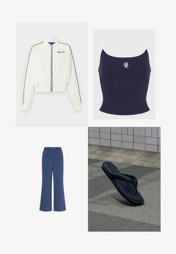 Weiße Bomberjacke mit Reißverschluss, schwarzer Paspelierung an den Ärmeln und entlang des Frontreißverschlusses, mit „Karl Lagerfeld Jeans“-Logo auf der linken Brust.; Marineblaues, geripptes Cropped-Top mit weißen Trägern und gesticktem Logo. Verfügt über ein figurbetontes Design und eine glatte Textur, passend für legere Kleidung.; Marinefarbene weite Hosen aus weichem Stoff mit glatter Textur. Mit einem elastischen Bund, der mit dem "Calvin Klein"-Logo am oberen Rand versehen ist.; Eine einzelne schwarze Flip-Flop-Sandale steht aufrecht auf Asphalt nahe der gefliesten Gehwegkante unter weichem Sonnenlicht.