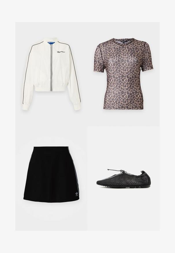 Hvid bomberjakke med lynlås foran, sort kant langs ærmer og lynlås, med "Karl Lagerfeld Jeans"-logo på venstre bryst.; Kortærmet top med leopardprint i et let, gennemsigtigt stof med rund halsudskæring og glat overflade. Designet har mørkebrune pletter.; Sort athletisk nederdel med en udvidende design, prydet med hvide sidelogoer og et broderet logo ved kanten. Fremstillet af glat, strækbart materiale.; Sort mesh slip-on sko med tynd sål og justerbar snøre bundet øverst, vist i profil på hvid baggrund.