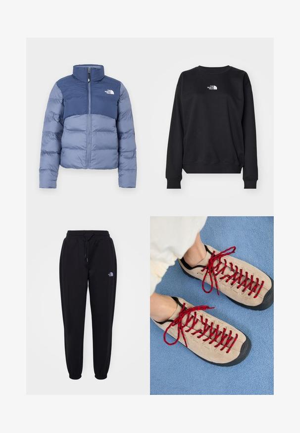 Pufferjakke i mørk og lys blå med lynlås foran og The North Face-logo på brystet, designet til koldt vejr.; Sort sweatshirt fremstillet af bomuldsblanding, med rund halsudskæring, lange ærmer, ribbede manchetter og et lille hvidt logo på brystet.; Sorte joggingbukser med elastisk talje og manchetter, snoretræk, sidelommer og lille hvid The North Face-logo på højre lår.; Beige sko med røde snørebånd, placeret på en blå tekstureret overflade, delvist synliggørende en persons ankel. Skoene har et sporty design.
