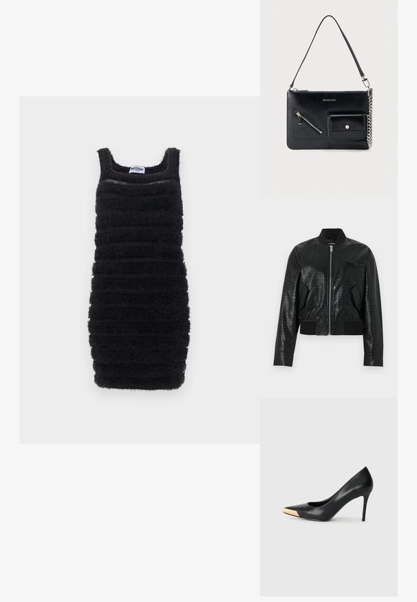 Veste bomber en similicuir noir avec texture crocodile, col, poignets et ourlet côtelés, fermeture éclair avant et deux poches inclinées.; Robe noire cintrée sans manches avec des rayures horizontales texturées et duveteuses et un décolleté carré, étiquetée Moschino.; Pompe à talon haut en cuir noir avec bout pointu ; présente une accentuation métallique dorée sur le capuchon. Surface lisse avec un design épuré.; Sac à bandoulière en cuir noir Michael Kors avec fermeture éclair supérieure, poche avant zippée en diagonale, poche à rabat avec bouton-pression et détail en chaîne argentée.