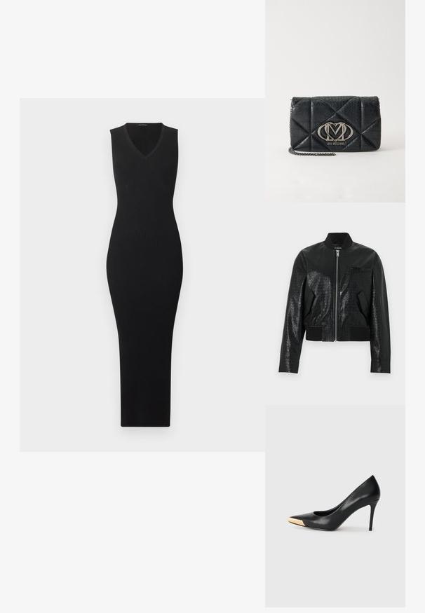 Veste bomber en similicuir noir avec texture crocodile, col, poignets et ourlet côtelés, fermeture éclair avant et deux poches inclinées.; Robe midi noire sans manches en tricot côtelé, avec col en V, silhouette ajustée et motif texturé subtil sur le devant.; Pompe à talon haut en cuir noir avec bout pointu ; présente une accentuation métallique dorée sur le capuchon. Surface lisse avec un design épuré.; Love Moschino SMART DAILY BAG - Sac bandoulière - black