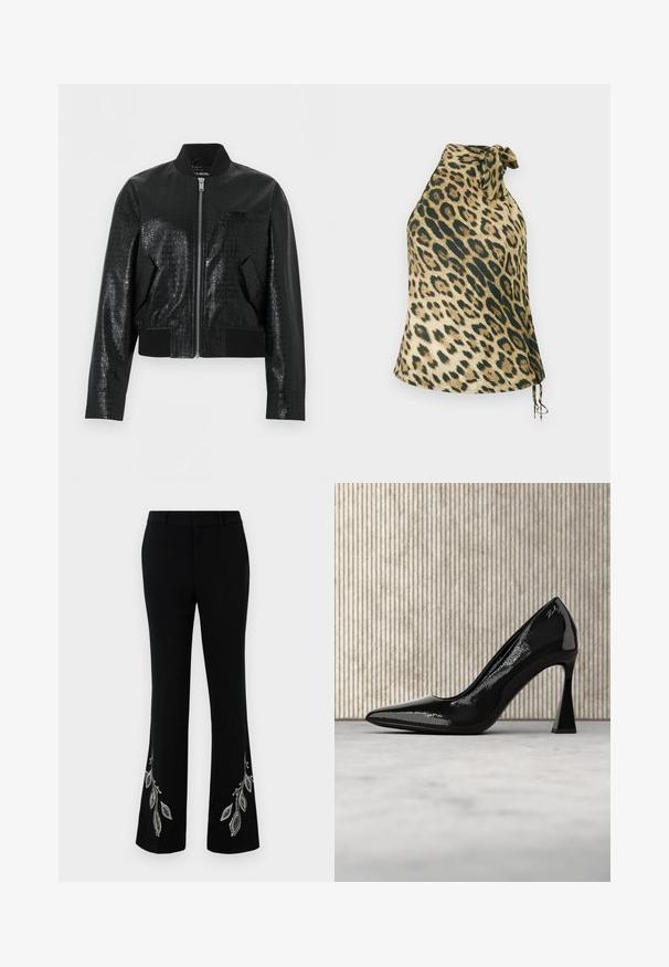Zwarte bomberjack van nepleer met krokodillenstructuur, geribbelde kraag, manchetten, zoom, ritssluiting aan de voorkant en twee schuine zakken.; Leopardprint haltertop van zachte stof. Heeft een striksluiting in de nek en decoratieve koordjes aan de onderkant. Kleurenpalet met beige en donkergroen.; Zwarte uitlopende broek met geborduurde zilveren bladdesigns bij de zoom. Gemaakt van gladde stof met een gestructureerde tailleband en een slanke pasvorm.; Zwarte lakleren hoge hak schoen met een spitse neus en een gebogen, schuine stiletto hak, zwevend boven een gladde, lichtgekleurde vloer.