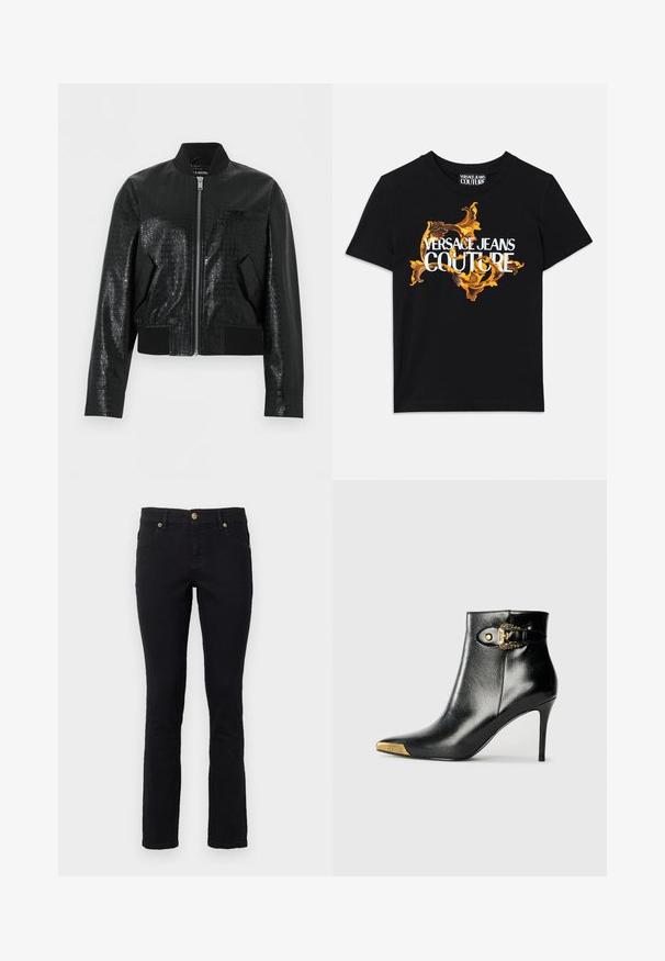 Sort bomberjakke i imiteret læder med krokodilletekstur, ribstrikket krave, manchetter og kant, frontlynlås og to skrå lommer.; Sort bomulds t-shirt med hvid tekst "VERSACE JEANS COUTURE" og et overdådigt guld design omkring teksten, korte ærmer, rund halsudskæring.; Sorte denimjeans med lige snit, fem-lomme design, knaplukning og hardware-accenter i guldtoner. Blød tekstur med minimal detaljer.; Sort ankelstøvle lavet af skinnende læder med spids tå, stilet hæl og guldfarvet hardware med en dekorativ spænde-detalje.