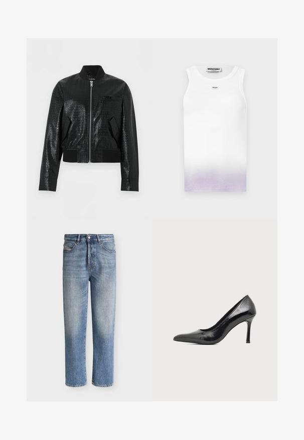 Veste bomber en similicuir noir avec texture crocodile, col, poignets et ourlet côtelés, fermeture éclair avant et deux poches inclinées.; Débardeur blanc côtelé sans manches avec un dégradé violet clair en bas et un petit logo Moschino Jeans sur la poitrine.; Jean denim bleu délavé à jambes droites avec fermeture par bouton et zip, poches avant et poche monnaie, présenté sur un fond clair uni.; Chaussure à talon haut pour femme en cuir verni noir avec bout pointu et talon fin sur fond clair uni.