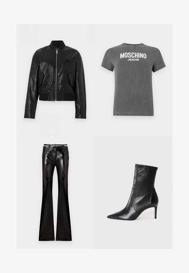 Μαύρο bomber μπουφάν από συνθετικό δέρμα με υφή κροκοδείλου, με ριμπ γιακά, μανσέτες, τελείωμα, μπροστινό φερμουάρ και δύο πλάγιες τσέπες.; Γκρι κοντομάνικη μπλούζα με λευκή επιγραφή «MOSCHINO JEANS» τυπωμένη στο στήθος, στρογγυλή λαιμόκοψη και κανονική εφαρμογή.; Μαύρο καμπανέ παντελόνι από γυαλιστερό υλικό. Διαθέτει εφαρμοστή μέση με θηλιά για ζώνη, εμπρόσθιες τσέπες και γυαλιστερή επιφάνεια.; Μαύρες αστράγαλοι μπότες από λείο δέρμα, με μυτερή μύτη, εφαρμοστό μάκτρο και λεπτό ψηλό τακούνι. Μινιμαλιστικός σχεδιασμός χωρίς ορατά μεταλλικά στοιχεία.