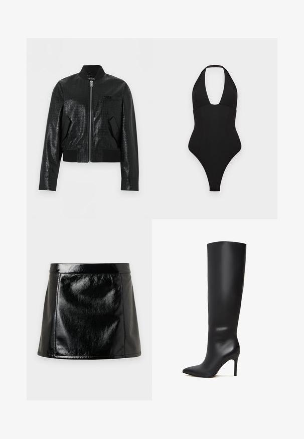 Schwarze Bomberjacke aus Kunstleder mit Krokodilstruktur, geripptem Kragen, Bündchen und Saum, Frontreißverschluss und zwei schrägen Taschen.; Schwarzer Einteiler mit Neckholder-Design. Er hat einen tiefen V-Ausschnitt, eine glatte Textur und hochgeschnittene Beinöffnungen.; Schwarzer Leder-Minirock mit glänzender Oberfläche, ausgestattet mit einer taillierten Passform, geradem Schnitt und minimalen Nähten für einen eleganten Look.; Schwarze kniehohe Stöckelschuhstiefel aus Leder mit spitzer Zehenform und glänzender, glatter Oberfläche. Verfügt über einen hohen, schlanken Absatz für eine verlängerte Silhouette.