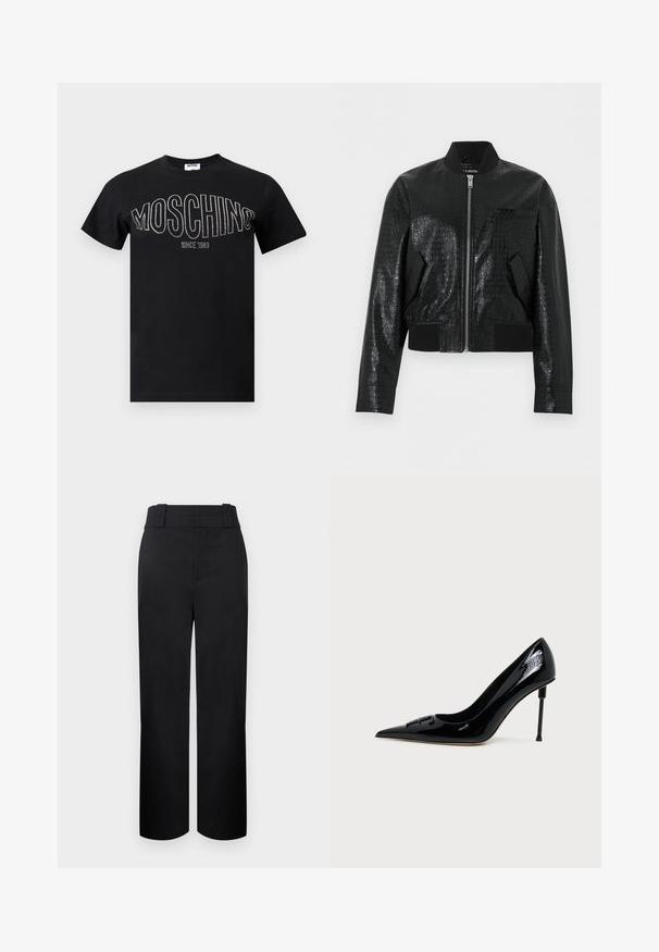 Veste bomber en similicuir noir avec texture crocodile, col, poignets et ourlet côtelés, fermeture éclair avant et deux poches inclinées.; T-shirt en coton noir avec un col rond et des manches courtes. "MOSCHINO" en strass sur la poitrine, avec "SINCE 1983" en dessous.; Pantalon noir taille haute, jambes droites, avec larges passants de ceinture et fermeture avant dissimulée sur un fond clair.; Chaussure à talon haut pointu en cuir verni noir avec talon stilettos cylindrique fin unique et boucle décorative à l'avant.