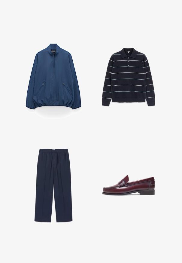 Veste légère bleu marine avec col montant, fermeture éclair frontale, deux poches latérales zippées, poignets et ourlet élastiqués.; ARKET Pullover - dark blue; Pantalon bleu marine droit avec taille élastique et sans poches visibles, posé à plat sur un fond blanc.; Mocassin en cuir bordeaux avec un bout arrondi, des détails cousus et un petit accent décoratif sur le devant. Semelle plate contrastante.