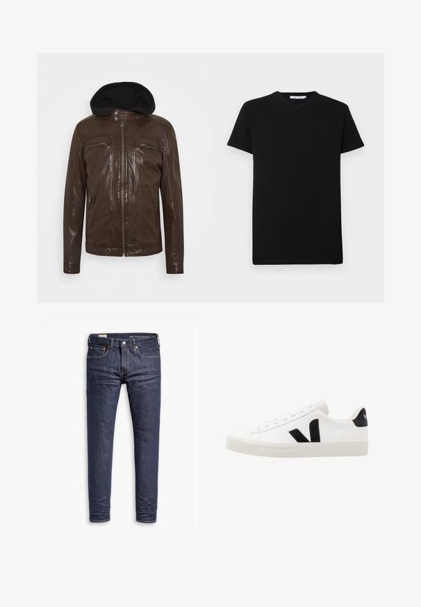 Brun læderjakke med hætte, der har en blank overflade, to lynlåslommer på brystet og en frontlynlås.; Sort bomulds T-shirt med korte ærmer og V-hals. Simpelt design, ensfarvet og blød tekstur. Ingen synlige mønstre eller detaljer.; Mørkeblå slim-fit Levi's Performance jeans med fem lommer og synlig syning på hvid baggrund.; Hvide lædersneakers med sorte ruskindsdetaljer; har en gummisål, rund tå og klassisk snørebåndsdesign. Side logo i sort.