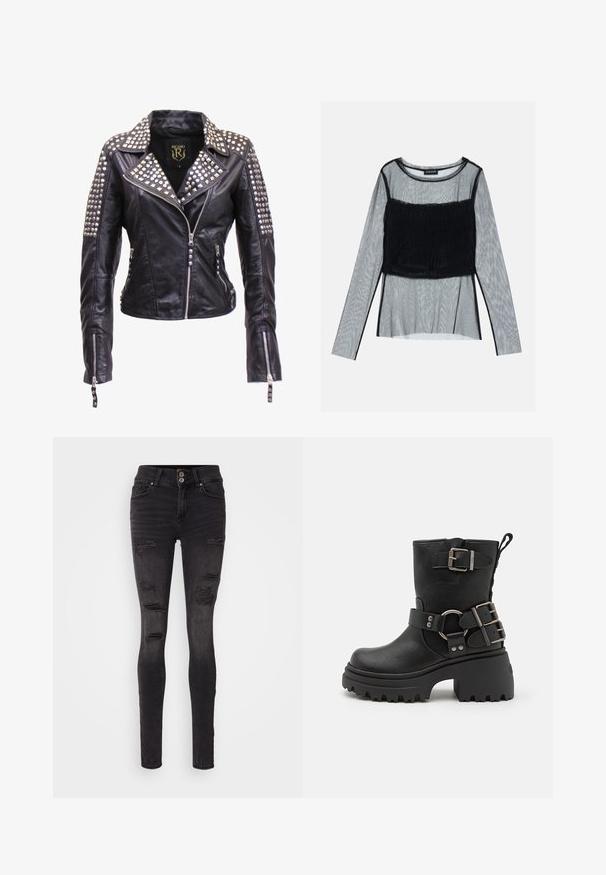 Schwarze Lederjacke mit silbernen Nieten auf Schultern, Revers und oberen Ärmeln, mit Frontreißverschluss und Reißverschlüssen an den Bündchen.; Schwarzes Mesh-Longsleeve-Oberteil mit einem taillierten, gerafften Oberteil und strukturiertem Overlay, rundem Ausschnitt und transparenten Ärmeln.; Schwarze, enge Jeans aus Denim mit einem distressed Design, das mehrere Risse und eine enganliegende Silhouette aufweist. Doppelknopfverschluss an der Taille.; Schwarze Leder-Stiefel bis zum Knöchel mit einer klobigen Sohle, Schnallen- und Riemenakzenten sowie einer strukturierten Oberfläche. Verfügt über eine Zuglasche für einfaches An- und Ausziehen.