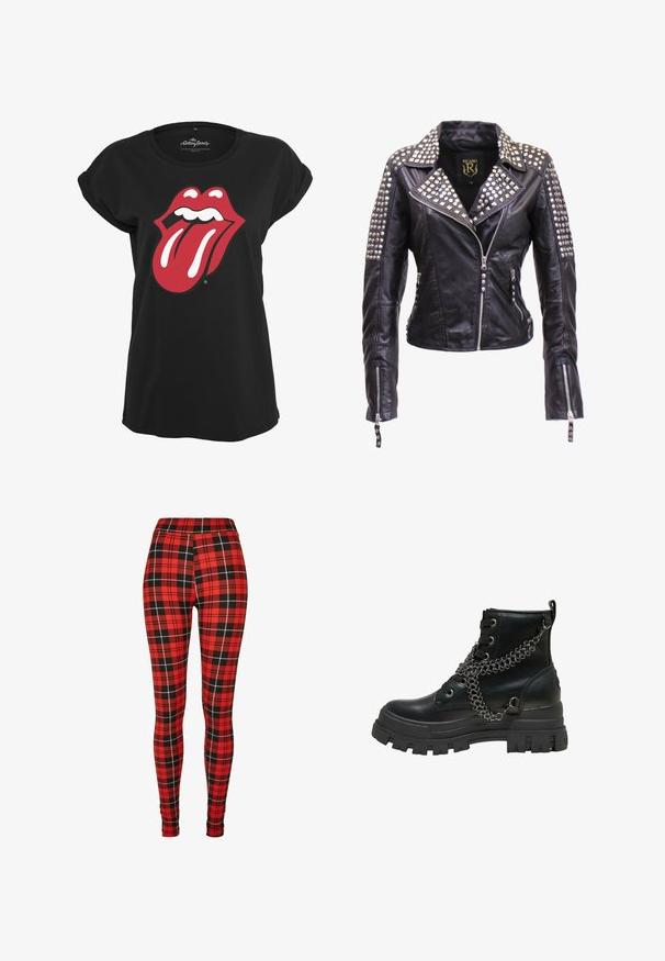 Veste en cuir noire avec des clous argentés sur les épaules, les revers et le haut des manches, avec fermeture éclair à l'avant et poignets zippés.; T-shirt noir en coton avec un motif graphique en rouge et blanc du logo des Rolling Stones représentant des lèvres et une langue sur le devant. Encolure ronde.; Leggings à carreaux rouges présentant un motif à damiers noir et blanc. Fabriqués en matière extensible avec un design taille haute.; Botte de combat en cuir noir avec une semelle épaisse à crampons et une chaîne argentée décorative enroulée autour des lacets et de la cheville.