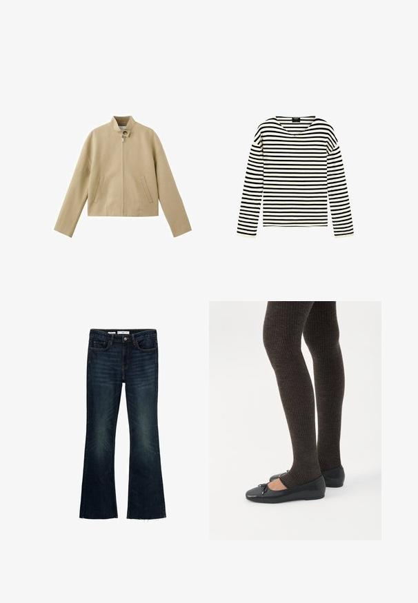 Beige jas met ritssluiting, lange mouwen, opstaande kraag met knoopsluiting en twee verticale zakken aan de voorkant.; Overhemd met lange mouwen met zwart-witte horizontale strepen en een V-hals, afgebeeld op een effen witte achtergrond.; Uitgebreide donkerblauwe spijkerbroek met vervaagde accenten, vijf zakken en een ruwe zoom. Gemaakt van katoen met een knoopsluiting en riemlussen.; Benen met donkere geribbelde leggings gecombineerd met zwarte ballerina's met kleine strikdetails op een witte achtergrond.